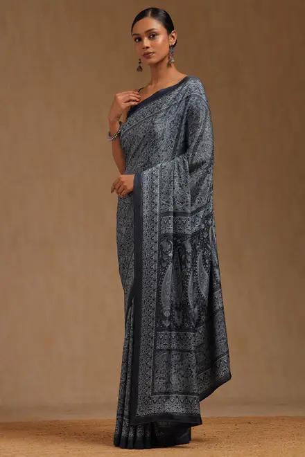 Navy Blue Crepe Ethnic Motifs Saree
